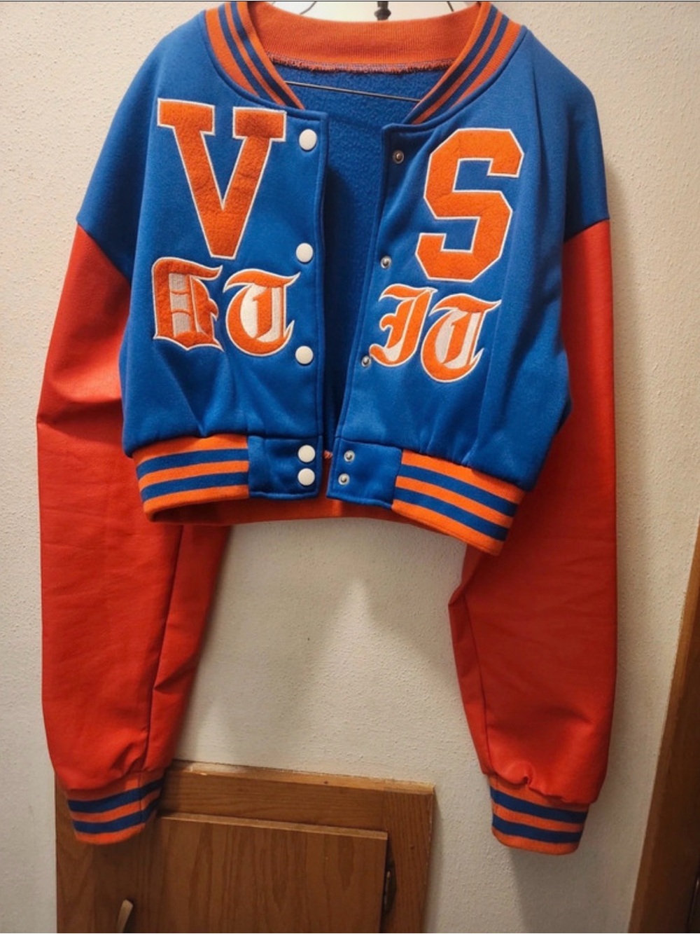 Cropped Blue & Orange Varsity-Style Women's Jacket